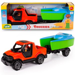 Samochód Pickup terenowy z przyczepką i łódką LENA Truckies Laweta i motorówka LENA