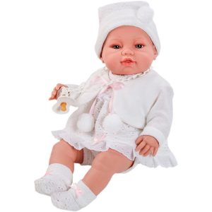 Lalka hiszpańska bobas, niemowlak 42 cm w białym ubranku z smoczkiem Berbesa