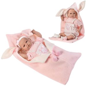 Lalka hiszpańska z becikiem, otulaczem - mówiąca bobas SARA 42cm Berbesa