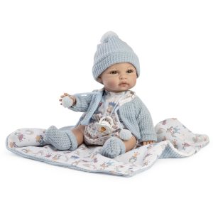 Lalka hiszpańska bobas Coral Baby chłopczyk w ubranku z kocykiem i smoczkiem 30cm Berbesa