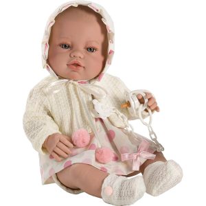 Lalka hiszpańska bobas, niemowlak 42 cm w białej sukience. Berbesa