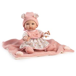 Lalka hiszpańska, niemowlak z kocykiem i smoczkiem winylowa Baby Coral 32 cm Berbesa