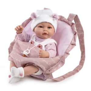 Lalka hiszpańska niemowlak w nosidle, nosidełku ze smoczkiem 42 cm Berbesa